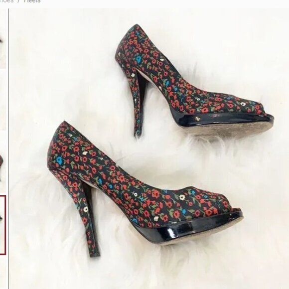 Aldo Red, Blue and Black Floral Poppy Peep Toe Heels 35 5 - Picture 6 of 8
